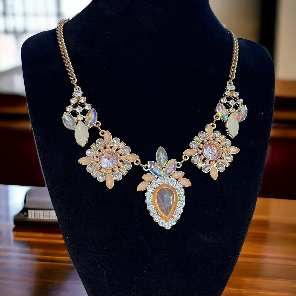 Chunky Rhinestone Statement Necklace ~ Peach and Clear Stones Gold Tone